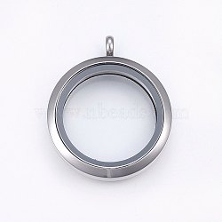 304 Stainless Steel Magnetic Floating Locket Pendants, with Glass, Flat Round, Clear, Stainless Steel Color, 37x30x6.5mm, Hole: 4.5mm, Inner Diameter: 23mm(X-STAS-O103-35P)
