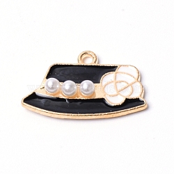 Alloy Enamel Pendants, with Imitation Pearl White Plastic Beads, Hat with Flower, Black, Golden, 14x23x4.5mm, Hole: 1.8mm(PALLOY-WH0084-52G)