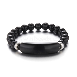 Natural Dyed & Heated Black Agate Beaded Stretch Bracelets, with Stainless Steel Spacer Beads, 7-1/8 inch(18cm)(PW-WG4B4E2-03)