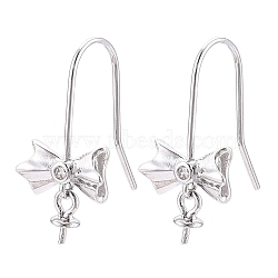 Anti-Tarnish Rhodium Plated 925 Sterling Silver Earring Hooks, with Clear Cubic Zirconia, Ear Wire with Pinch Bails, for Half Drilled Beads, with S925 Stamp, Bowknot, Platinum, 20.5x10~12x0.6mm, Pin: 0.6mm, tray pin: 0.6mm, bowknot: 5.5x10.5x3mm(STER-T007-118P)