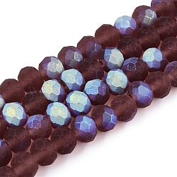 Transparent Glass Beads Strands, Faceted, Frosted, Half AB Color Plated, Rondelle, Purple, 6x4.5mm, Hole: 1.4mm, about 84~85pcs/strand, 41.5~42cm(EGLA-A044-T6mm-MB13)