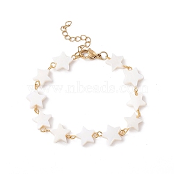 Natural Shell Star Link Chain Bracelet, 304 Stainless Steel Jewelry for Women, Golden, White, 6-3/4 inch(17.1cm)(BJEW-C015-02G)