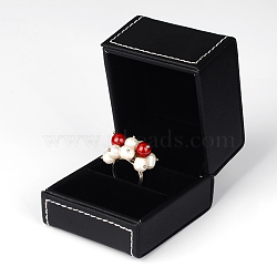 Rectangle Imitation Leather Ring Boxes, Black, 6.8x6x5.8mm(LBOX-F001-04)