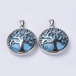 Dyed Synthetic Turquoise Pendants, with Platinum Plated Brass Findings, Flat Round with Tree of Life, 31x27x8mm, Hole: 3.5x7mm(G-P350-D02)