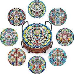 DIY Religion Cross Theme Diamond Painting Wood Cup Mat Kits, Including Coster Holder, Resin Rhinestones, Diamond Sticky Pen, Tray Plate & Glue Clay, Mixed Color, Packaging: 130x126x80mm(DIY-H163-09)