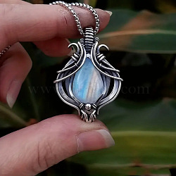 Bohemian Hollow Teardrop Alloy Pave Glass Imitation Moonstone Pendant Necklaces for Women, Light Sky Blue, Antique Silver, 23.62 inch(60cm)(FS-WG4BB29-01)