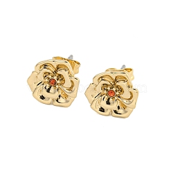 Brass Micro Pave Cubic Zirconia Ear Studs, Flower, Golden, Tomato, 9.5mm(EJEW-P283-01G-01)