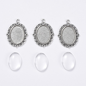 DIY Pendant Making, with Tibetan Style Alloy Pendant Cabochon Settings and Transparent Oval Glass Cabochon, Antique Silver, Cabochon Setting: 29.5x22mm, Glass: 18x13x4~5mm