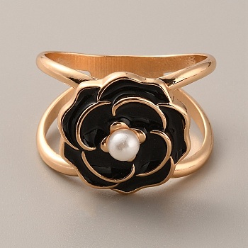 Enamel Flower Scarf Buckle Ring with ABS Imitation Pearl, Golden Alloy Clasp Holder for Women Girl, Black, 34x33x24mm