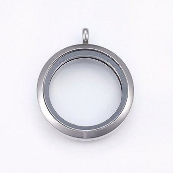 304 Stainless Steel Magnetic Floating Locket Pendants, with Glass, Flat Round, Clear, Stainless Steel Color, 37x30x6.5mm, Hole: 4.5mm, Inner Diameter: 23mm