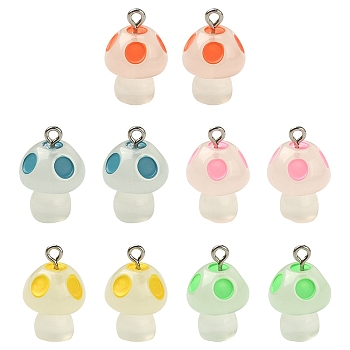 10Pcs 5 Colors Luminous Resin Pendants, Glow in the Dark Ornaments, Mushroom Charms with Platinum Tone Metal Loops, Mixed Color, 21x14mm, 2pcs/color