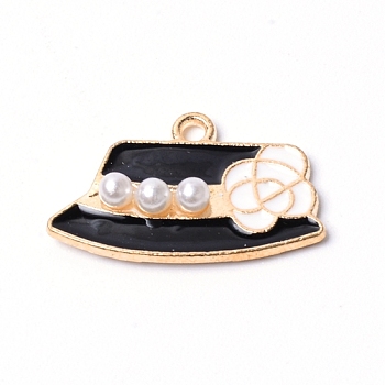 Alloy Enamel Pendants, with Imitation Pearl White Plastic Beads, Hat with Flower, Black, Golden, 14x23x4.5mm, Hole: 1.8mm