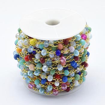 Glass Handmade Beaded Chains, Unwelded, Lead Free & Cadmium Free, with Spool, with Brass Eye Pin, Long-Lasting Plated, Faceted Rondelle, Golden, 14x6mm, about 32.8 Feet(10m)/roll
