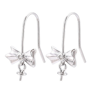 Anti-Tarnish Rhodium Plated 925 Sterling Silver Earring Hooks, with Clear Cubic Zirconia, Ear Wire with Pinch Bails, for Half Drilled Beads, with S925 Stamp, Bowknot, Platinum, 20.5x10~12x0.6mm, Pin: 0.6mm, tray pin: 0.6mm, bowknot: 5.5x10.5x3mm