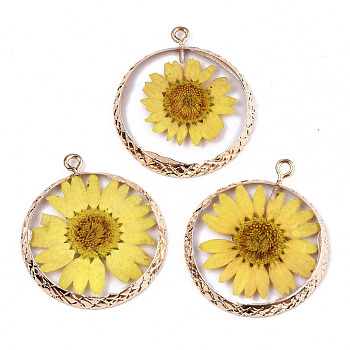 Transparent Clear Epoxy Resin & Dried Flower Pendants, with Edge Light Gold Plated Iron Loops, Flat Round, Yellow, 34x29x3.5mm, Hole: 2mm
