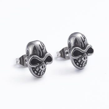 Retro 304 Stainless Steel Stud Earrings, with Ear Nuts, Skull, Antique Silver, 13x9.5mm, Pin: 0.7mm