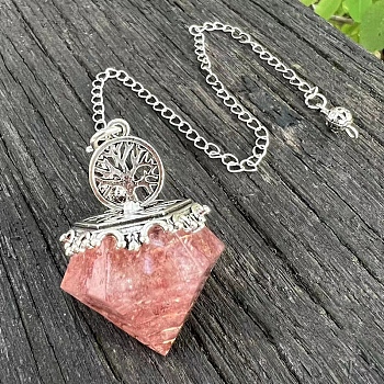 Resin Diamond Pointed Dowsing Pendulums, with Metal Tree of Life Finding and Natural Strawberry Quartz Chip inside, 290mm