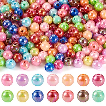 Pandahall 280Pcs 14 Colors Opaque Acrylic Beads, AB Color Plated, Round, Mixed Color, 10x9mm, Hole: 2mm, 20pcs/color