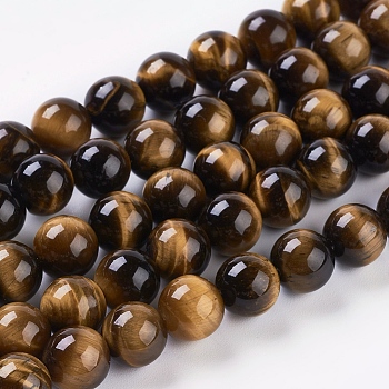 Natural Tiger Eye Beads Strands, Round, Goldenrod, 8mm, Hole: 1mm, about 24pcs/strand, 7.4 inch