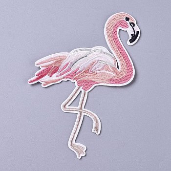 Computerized Embroidery Cloth Iron on/Sew on Patches, Costume Accessories, Appliques, Flamingo Shape, Colorful, 145x108x1.5mm