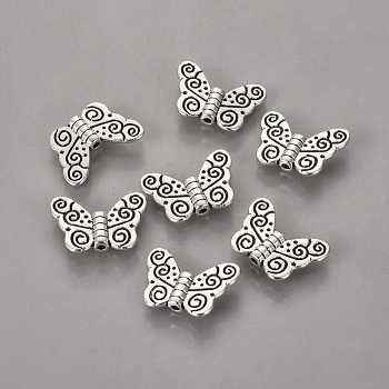 Tibetan Style Alloy Beads, Butterfly, Lead Free & Nickel Free & Cadmium Free, Antique Silver, about 11x15x1.5mm, Hole: 1.5mm