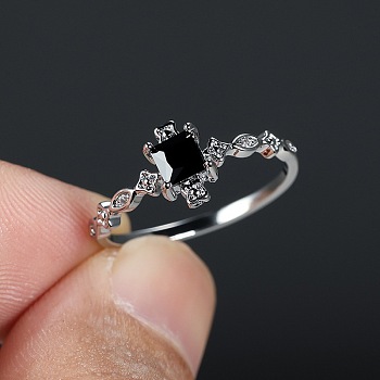 Brass Micro Pave Cubic Zirconia Finger Rings, Rectangle, Platinum, Black, US Size 6(16.5mm)
