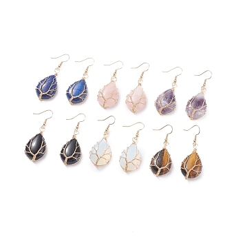 Teardrop Gemstone with Tree Dangle Earrings, Copper Wire Wrap Jewelry for Women, Golden, 50mm, Pin: 0.6mm