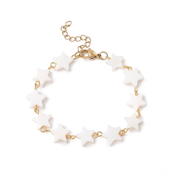 Natural Shell Star Link Chain Bracelet, 304 Stainless Steel Jewelry for Women, Golden, White, 6-3/4 inch(17.1cm)