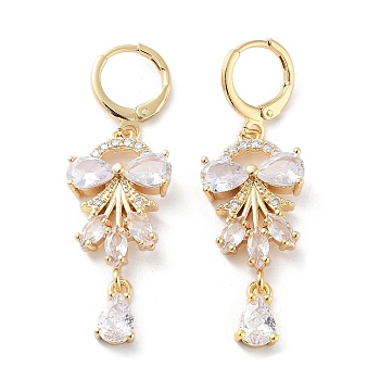 Bowknot Rack Plating Golden Brass Dangle Leverback Earrings, with Cubic Zirconia for Women, Clear, 46x15mm