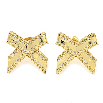 Bowknot Brass Micro Pave Cubic Zirconia Stud Earrings for Women, Real 18K Gold Plated, 23x23mm
