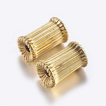 Brass Corrugated Beads, Plated, Column, Golden, 9x5.5mm, Hole: 2mm