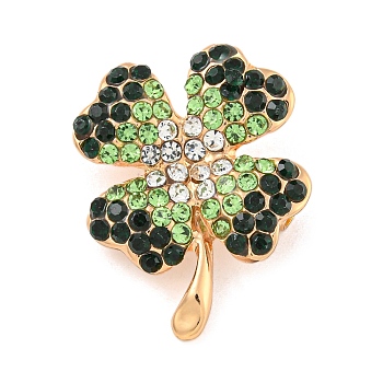 Alloy Rhinestone Clover Brooch, Golden, Emerald, 28.15x22mm