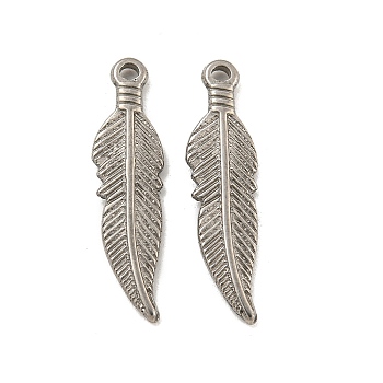 304 Stainless Steel Pendants, Feather Charm, Stainless Steel Color, 26.3x7x2mm, Hole: 1.5mm