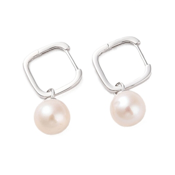 925 Sterling Silver Hoop Earring, with Natural Pearl, Platinum, 25x8.5mm