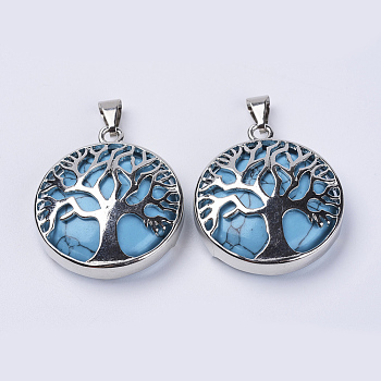 Dyed Synthetic Turquoise Pendants, with Platinum Plated Brass Findings, Flat Round with Tree of Life, 31x27x8mm, Hole: 3.5x7mm