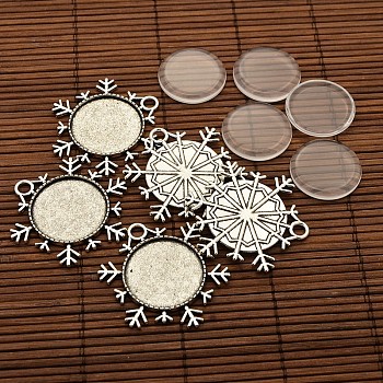 25x4mm Dome Transparent Glass Cabochons and Christmas Ornaments Antique Silver Alloy Snowflake Pendant Cabochon Settings DIY, Pendant: 43x38x2mm, Tray: 25mm, Hole: 4mm