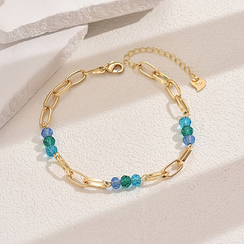 Fashionable Vintage Brass Oval & Glass Faceted Rondelle Beaded Anklets, Real 18K Gold Plated, Green, 8-5/8 inch(220mm)