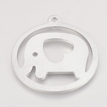 Eco-Friendly Aluminium Big Pendants, Laser Cut Big Pendants, Flat Round with Elephant, Silver Color Plated, 61.5x55.5x2.5mm, Hole: 4mm
