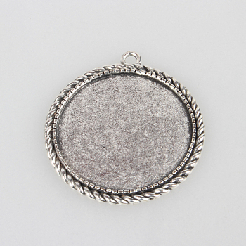 Tibetan Style Alloy Pendant Cabochon Settings, Cadmium Free & Lead Free, Flat Round, Antique Silver, Tray: 35mm, 46x42x2mm, Hole: 3mm, about 110pcs/kg