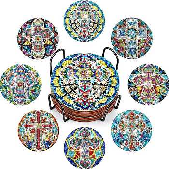 DIY Religion Cross Theme Diamond Painting Wood Cup Mat Kits, Including Coster Holder, Resin Rhinestones, Diamond Sticky Pen, Tray Plate & Glue Clay, Mixed Color, Packaging: 130x126x80mm
