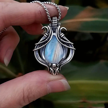 Bohemian Hollow Teardrop Alloy Pave Glass Imitation Moonstone Pendant Necklaces for Women, Light Sky Blue, Antique Silver, 23.62 inch(60cm)