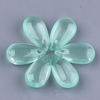 Transparent Spray Painted Glass Charms, teardrop, Medium Aquamarine, 13.5~14x7.5x5mm, Hole: 1mm
