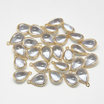 Glass Pendants, with Golden Tone Brass Findings, teardrop, Clear, 18.5x12.5x7mm, Hole: 1.5mm