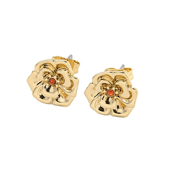 Brass Micro Pave Cubic Zirconia Ear Studs, Flower, Golden, Tomato, 9.5mm