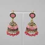 Ethnic Style 3D Enamel Bell with Seed Beeded Dangle Stud Earrings, Golden Alloy Long Drop Earring for Women, Hot Pink, 50mm, Pin: 0.7mm(EJEW-WH0047-33E)
