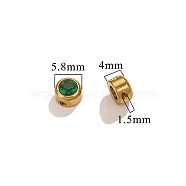 304 Stainless Steel Glass Beads, Birthstone Beads, Flat Round, Real 18K Gold Plated, Green, 6x4mm, Hole: 1.4mm(STAS-Z091-09G-01)