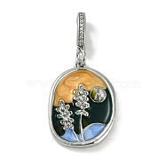 Brass Enamel Pendants, Oval with Flower Charm, Platinum, 35mm, Hole: 5.5x3mm(KK-P283-26P)