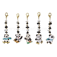 Panda Alloy Enamel Pendant Decorations, Natural Obsidian & Synthetic White Howlite Bead and Zinc Alloy Lobster Claw Clasps Charm, Mixed Color, 89~90mm(HJEW-JM01515)