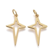 Brass Pendants, with Jump Rings, Long-Lasting Plated, Hollow, Hollow Star, Real 18K Gold Plated, 20x12x1mm, Hole: 3mm(X-KK-F821-43G)