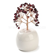 Natural Garnet Chips Tree of Life Decorations, Round Porcelain Base with Copper Wire Feng Shui Energy Stone Gift for Home Office Desktop Decoration, 57x113~129mm(DJEW-C016-02D)